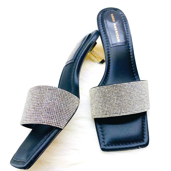 Good American Kickstand Slide Sandal Mules Black Diamond Kitty Heels Elegant - Picture 1 of 7